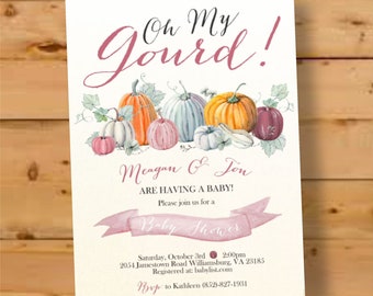 Watercolor Pumpkin Baby Shower Invitation, Fall Leaves (Digital or Printed)