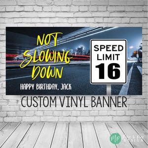 Pancarta de cumpleaños número 16, pancarta de cumpleaños con licencia de conducir, pancarta de cumpleaños número 16 para niño, pancarta de fiesta con límite de velocidad, letrero de cumpleaños para hombre, pancarta de auto