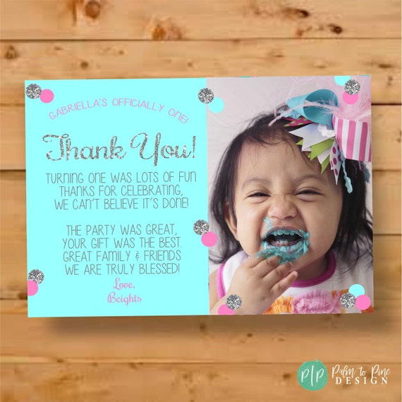 First Birthday Thank you Card, Aqua, Pink & Silver Glitter Thank You, Birthday Thank You Card, 1st Birthday Thank You Blue and Silver Thanks Il_570xn