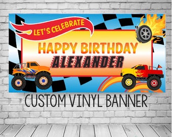 Monster Truck Jam Birthday Banner, Personalized Vinyl Party Decor (Custom Trucks Available)