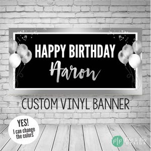 Black and Silver Birthday Banner, Happy birthday personalized banner, Custom black and white birthday banner, Black and White party backdrop