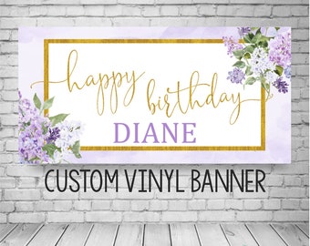 Floral Birthday Banner, Lilac birthday sign, women birthday banner, purple and gold banner, women purple lilac & gold banner, lilac backdrop