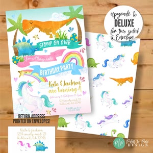 Unicorn dinosaur invitation, unicorn dinosaur birthday, siblings birthday party invitation, twins birthday invite, boy girl birthday invite image 2