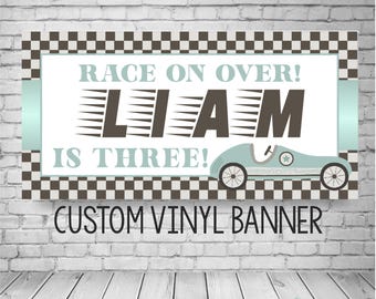 Vintage Race Car Birthday Banner, Checkered Flag, Custom Racing Party Backdrop