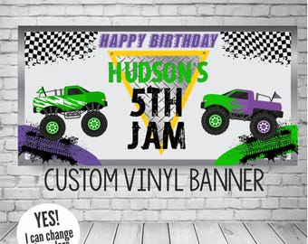 Monster Truck Birthday Banner, Monster Jam Party Decor (Personalized Trucks and Colors)