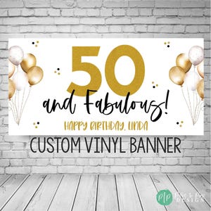 50th Birthday Banner, Milestone Age Personalized Backdrop, Gold Glitter Party Decor