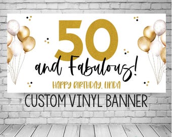 50th Birthday Banner, Milestone Age Personalized Backdrop, Gold Glitter Party Decor