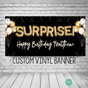 Surprise Party Banner, Personalized Black and Gold Birthday Banner