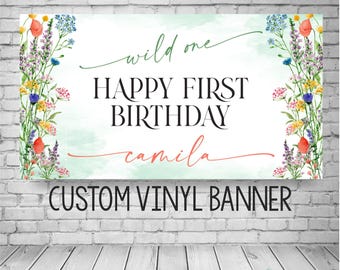 Wildflower Birthday Banner, Watercolor Wild flowers Party Decorations (Printed on Vinyl or Digital File)