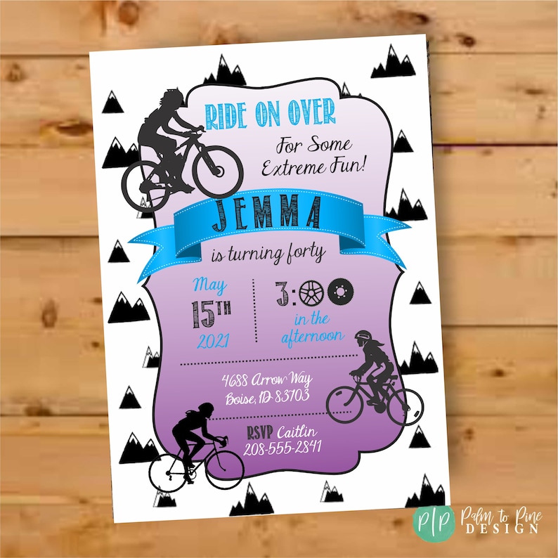 Bicycle Birthday Invite, Bicycle Birthday Party, Mountain Bike, Bicycle Birthday Girl, Downhill Biking Girl, Girl Biking Birthday, Mountains image 1