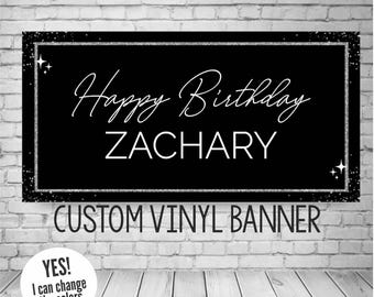Personalized Black and Silver Birthday Vinyl Banner, Elegant Party Decor with Name