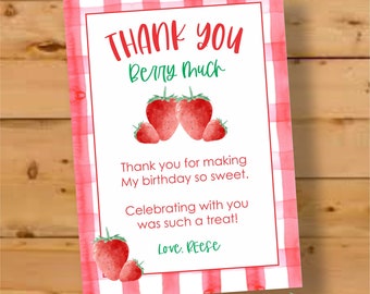 Strawberry Birthday Thank You Card, Berry Sweet Birthday, Berry Birthday Thank You Card, Strawberry Shortcake Thank you, gingham, watercolor