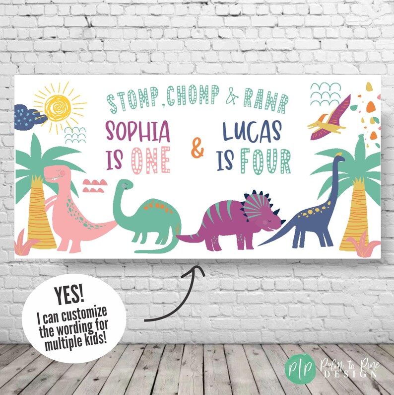Dinosaur Birthday Banner, Girls Dino Party Decor, Custom Vinyl Backdrop (Color Options) image 4