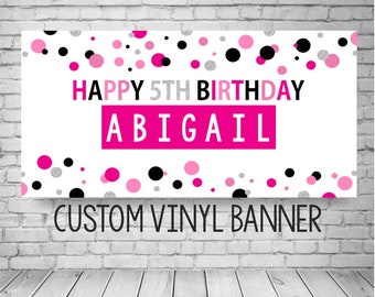 Happy birthday banner personalized, Pink Silver and Black Birthday Banner, Custom birthday banner, polka dot banner, Girls Birthday Banner