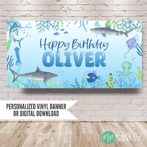Shark Birthday Banner, Under the Sea Ocean Animal Party Decorations, Kids Sea Life Backdrop