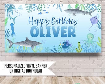 Shark Birthday Banner, Under the Sea Ocean Animal Party Decorations, Kids Sea Life Backdrop