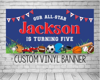 Pancarta de cumpleaños deportiva, Decoraciones personalizadas para fiestas temáticas de estrellas (Personalizadas con los colores del equipo)