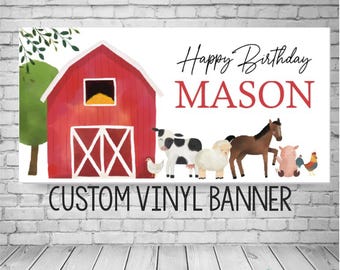 Farm Birthday Banner, Watercolor Barnyard Animals Backdrop, Red Barn Party Decor for Kids