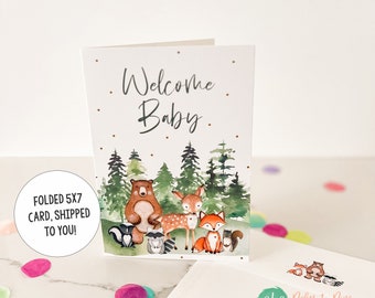 New Baby Card, Woodland Baby Card, Baby Shower Greeting Card, Woodland Baby Shower Card, Forest Animal New Baby Greeting, Welcome Baby Card