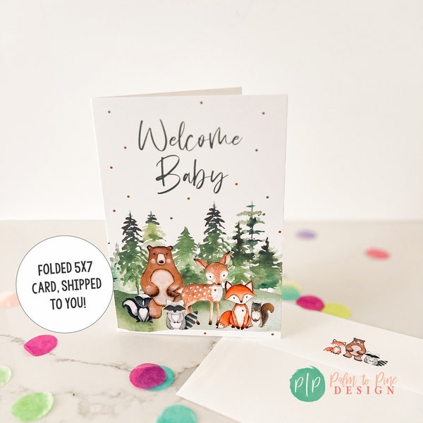 New Baby Card, Woodland Baby Card, Baby Shower Greeting Card, Woodland Baby Shower Card, Forest Animal New Baby Greeting, Welcome Baby Card