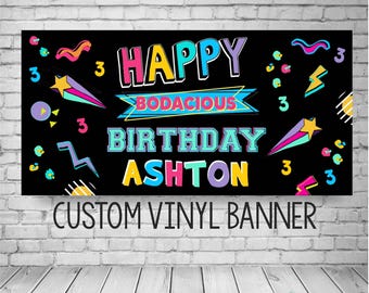 Neon 90's Birthday Banner - Bright Retro Personalized Party Decorations - Custom Name and Age