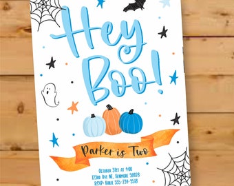 May include: A Halloween-themed invitation with the words "Hey Boo!" in light blue. The design includes a ghost, bat, stars, and pumpkins. The text "Parker is Two" is on an orange banner, with event details below.