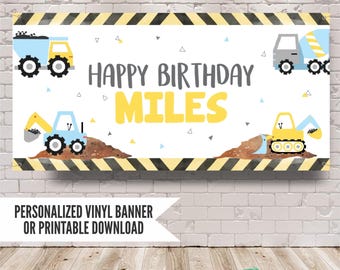 Personalized Construction Birthday Banner, Boys Digger Excavator Party Decor, Pastel Blue and Yellow