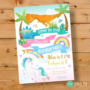 Unicorn dinosaur invitation, unicorn dinosaur birthday, siblings birthday party invitation, twins birthday invite, boy girl birthday invite