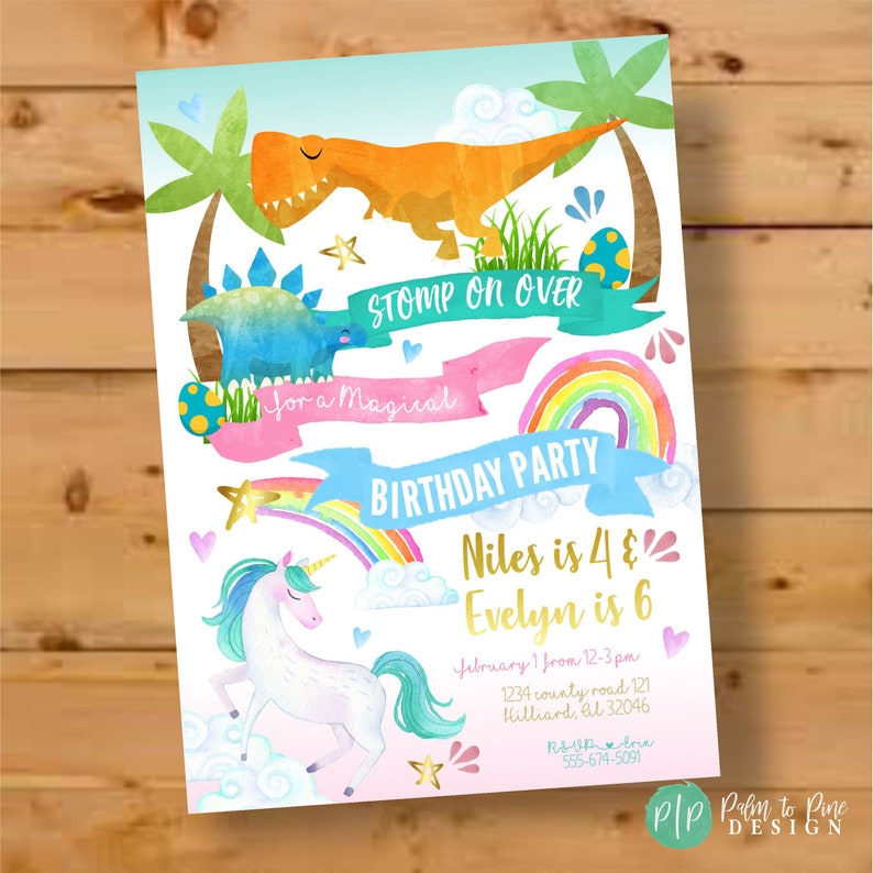 Unicorn dinosaur invitation, unicorn dinosaur birthday, siblings birthday party invitation, twins birthday invite, boy girl birthday invite image 1