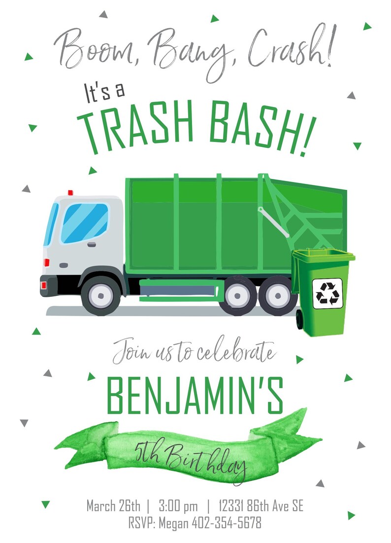 Garbage Truck Birthday Invite Garbage Truck Invitation Boys Etsy