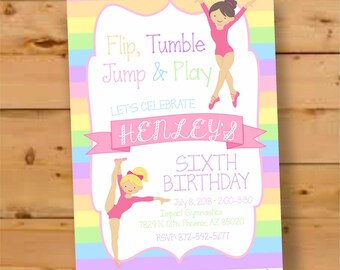 Gymnastics Birthday Invitation, Rainbow Gymnast Party Invite (Digital or Printed)