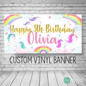 Unicorn Birthday Vinyl Banner, Girls Custom Watercolor Rainbow Party Backdrop