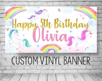 Unicorn Birthday Vinyl Banner, Girls Custom Watercolor Rainbow Party Backdrop