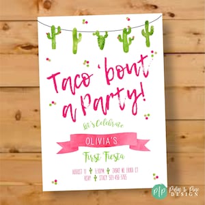 Taco Bout a Party Invitation, Taco Bout a Party Invite, fiesta invitation, Fiesta Birthday Invitation, Cacti Birthday, watercolor, Fiesta image 1