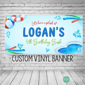 Pool party birthday banner for kids with blue background and pool toy clipart