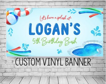 Summer Pool Birthday Banner, Splish Splash Party Decor, Personalized