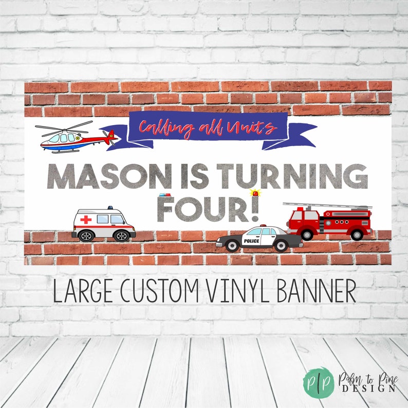 Emergency Vehicles Birthday Banner, Firefighter Party Decor, Rescue Cars Birthday, Boy Birthday Banner, Birthday Banner, Rescue Vehicles image 1