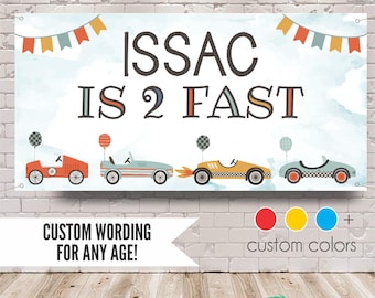 Vintage Race Car Birthday Banner, Two Fast Party Decor, Custom Racecar Backdrop (Any Age)