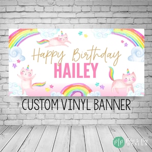 Kittycorn Custom Birthday Banner, Personalized Caticorn Rainbow Party Backdrop