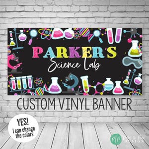 Science Birthday Banner | Colorful Beakers and Molecules Design | Custom Colors