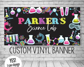 Banner de cumpleaños de ciencia / Diseño de vasos y moléculas de colores / Colores personalizados
