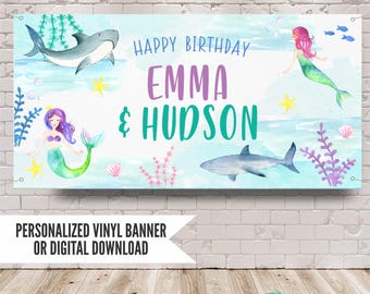 Mermaid Shark Birthday Banner, Under The Sea Boy Girl Siblings Party Decor, Ocean Backdrop