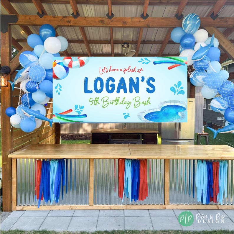 Bannière d'anniversaire de piscine d'été, décoration de fête Splish Splash, personnalisée image 6