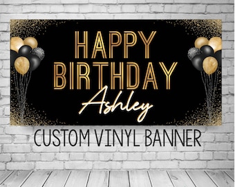 Personalized Black and Gold Birthday Banner, Custom Adult Party Decorations with Name