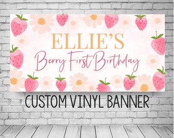 Strawberry Daisy Birthday Banner, berry first birthday, strawberry and daisy backdrop, strawberry birthday banner, daisy birthday backdrop