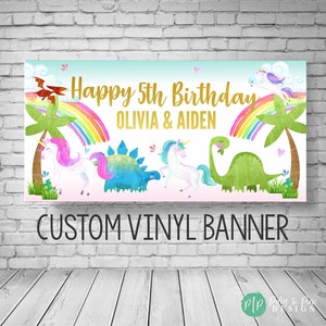 Unicorn Dinosaur Birthday Banner, Unicorn Dinosaur Birthday Party, Unicorn Dino Backdrop, Unicorn Party Decoration, Unicorn Dino Banner, Kid image 1