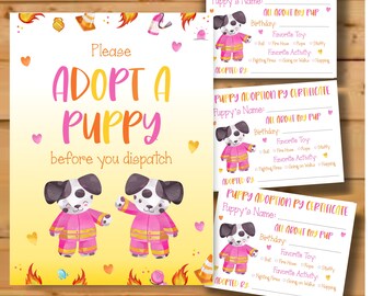 Dalmatian Firefighter Puppy Adoption Certificate, Girls Adopt-A-Dog Birthday Party Activity Station