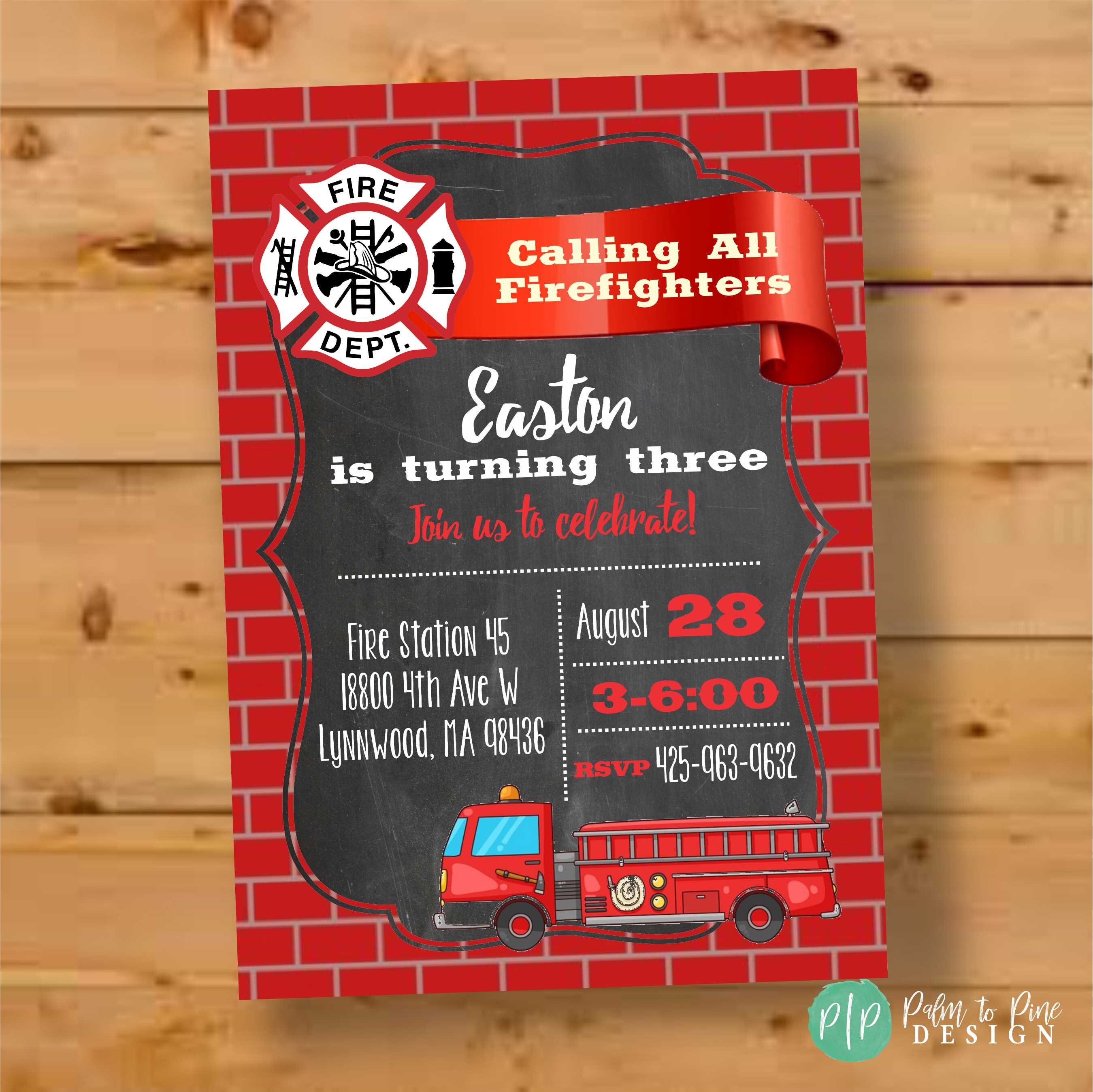Firefighter Birthday Firetruck Birthday Invitation Fireman Etsy
