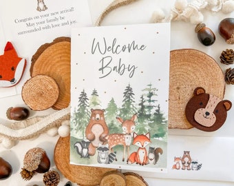 Welcome Baby Woodland Greeting Card, Baby Shower Card, New Baby Card, Woodland Animals, Forest baby shower card, Baby Congratulations Card
