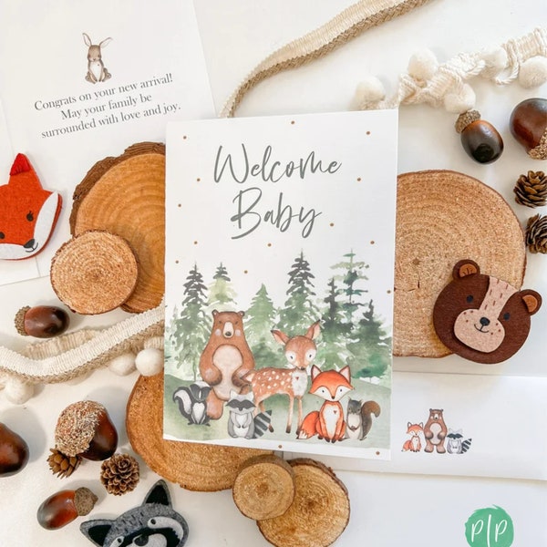 Welcome Baby Woodland Greeting Card, Baby Shower Card, New Baby Card, Woodland Animals, Forest baby shower card, Baby Congratulations Card